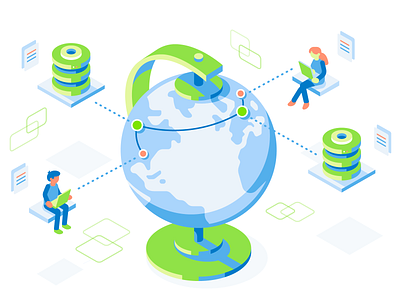 Global Data abstract data database digital file globe isometric isometric illustration laptop people