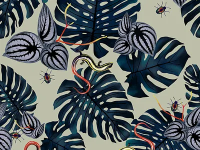 Jungle Lizard Print blue digital painting fashion floral floral illustration green illustrator indigo insects jungle leaves lizard nature painting pattern photoshop poster print print and pattern textile