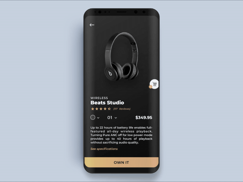 Floating Shopping Cart android animation black buy cart dark floating button headphones ios micro animation microinteraction minimal motion principleapp shop shopping cart ui ux