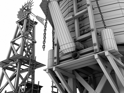 3d Wireframe of Water Tower and Windmill 3d 3d art 3dsmax art building concept concept design design locomotive old steam tower water wild west windmill wire frame wireframe