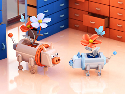Mechanical Pig c4d cinema 4d illustration isometric pig 张小哈