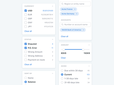 🔍 Search Filters blue card checkbox clean dashboard design facets filters finance search simple slide range ui ux white