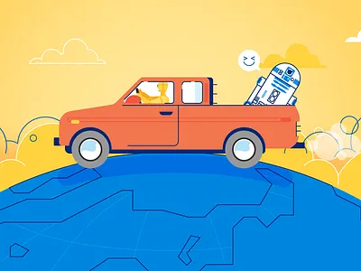 part of the frame for video about Uber c3p0 car cartoon clouds colors earth r2d2 robots space taxi track vector