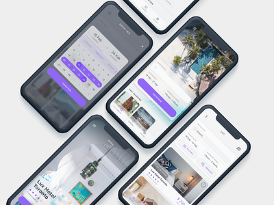 Rooms - Hotel Booking App UI Kit app blur booking booking app calendar gradient hotel ios iphonex iphonexs listing map mobile search sketch ui
