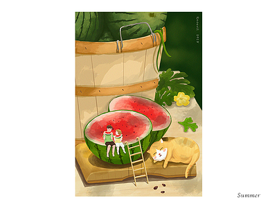 Summer cat fairy tale illustration summer sun watermelon