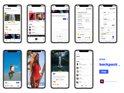 Backpack - UI Kit Free for Adobe XD adobe xd design free ui kit freebie freebie xd ios social app travel app ui ui kit uidesign uiux ux