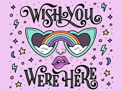 Wish You Were Here art blue clouds design digital hand lettering illustration ipadpro lettering lettershoppe lips lipstick pink purple rainbow sexy sexy girl sunglasses type typography