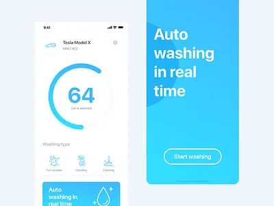 Auto Washing In Real Time app car clean color concept design promo ui ux wash