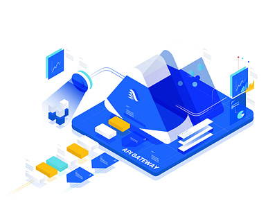 Api data gateway isometric illustration. hitech illustration illustrator innovation isometric