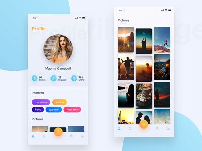 user profile page - social app app blue clean concept app gradient icons image upload interests interface design ios iphone x mobile app orange profile profile image shadows tabbar ui uploads ux