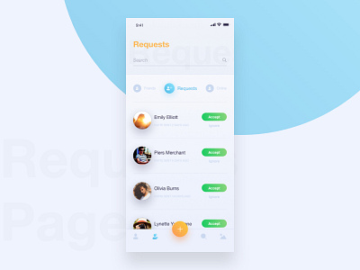 social app - friend requests page app design blue clean friends list gradient icons ios iphone x mobile app orange profile image requests shadows sketch tabbar ui user interface ux vector