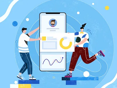 Sync go online banner character data flat illustrations mobile phone mobile terminal synchronization
