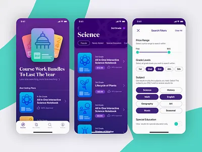 iOS App Home Screen, Marketplace and Search Filters android filters gradient ios marketplace mobile modern navigation settings teaching ui ux
