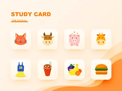 Study Card animal cat cow food and drink fruits giraffe icon illustration pig skirt t shirt ui