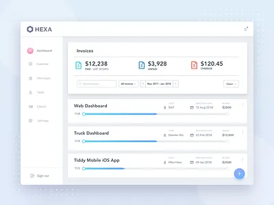 Hexa Pay Dashboard Home Page clean dashboard design email invoice management minimal modern payment progress progress bar tracking ui user ux