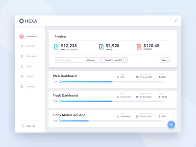 Hexa Pay Dashboard Home Page clean dashboard design email invoice management minimal modern payment progress progress bar tracking ui user ux