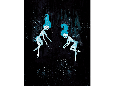 Fairies spreading joy black blue blue hair dandelion fairies flowers flying glowing gouache magic sand magic seeds sparkle wings