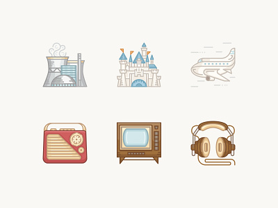 History Geek Color Line Icons 1950 p2 1950s boing disneyland headphones historical history icons illustration nuclear plant transistor radio vector vintage vintage tv