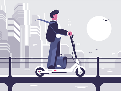 Young man riding electric scooter character cityscape electric flat illustration kit8 man riding scooter transport vector young