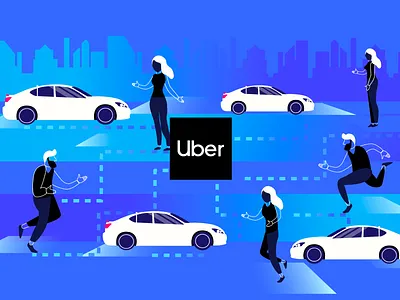 Uber blue car city dotted gradient man path people road running uber woman