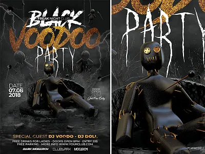Black Voodo Party Flyer black magics club curse doll flyer gold and dark graveyard halloween party scaring template voodoo