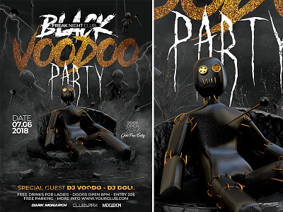 Black Voodo Party Flyer black magics club curse doll flyer gold and dark graveyard halloween party scaring template voodoo