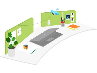 Workplace books isometric illustration jet macbook notes penstand plant polaroid photos rubiks cube workplace