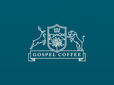 Gospel Coffee badge brand coffee crown deer lion logo mountain nudds shield stag tree