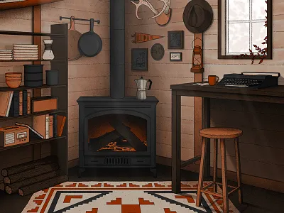 Cabin Home cabin coffee fireplace home house illustration interior rug rustic stove typewriter