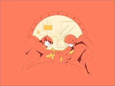 Space quest - partners astronauts cat corporate fixing gravity illustration man space station woman