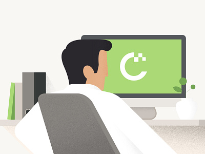 Cointree bitcoin character currency desk grain illustration imac office styleframe
