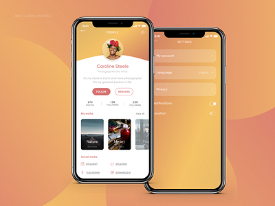 User profile and Settings challenge dailyui figma mobile photoshop pink user profile yellow