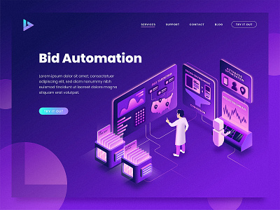 Bid Automation Landing data gradient illustration isometric landing page robot tech technology web