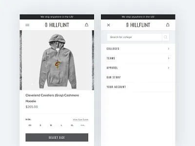 Hillflint design ecommerce mobile nav product page shopify shopping sports ui