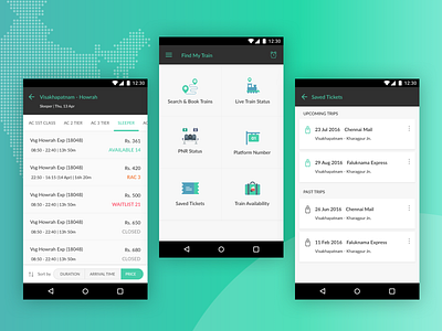 Train booking App android app app availability booking bookings filters home page indianrailways irctc mobile app mobile app design mobile app experience railways saved tickets sorting train trains ui ux ux design
