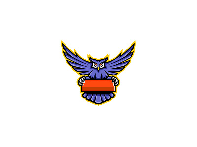 Great Horned Owl Banner Mascot american horned owl banner bird brand character great horned owl head holding icon identity mascot old world eagle owl owl raptor retro sign spread symbol team mascot wings