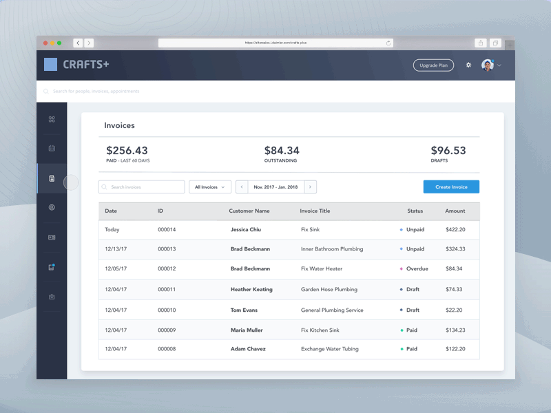 Crafts+ Business Management Tool Demo 4 animation business client dashboard design enterprise invoice management management app motion payment productivity software tool tracking ui ux