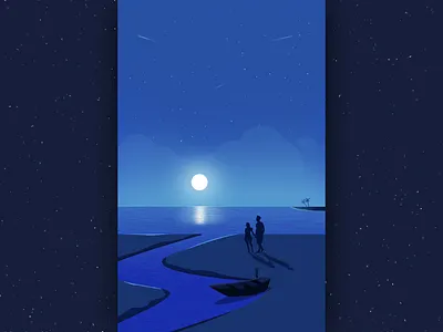 Moon & Romantic Couple. art beautiful cloud couple flat illustration love moonlight night romantic sky