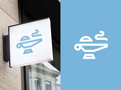 Genie ac blue genie icon lamp logo monoline production rub sign smoke unit wall