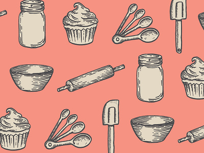 Bake Shop Illustrations baking branding cook book cooking cupcake hand drawn illustration jar lithograph measuring spoons mixing bowl rolling pin spatula vintage