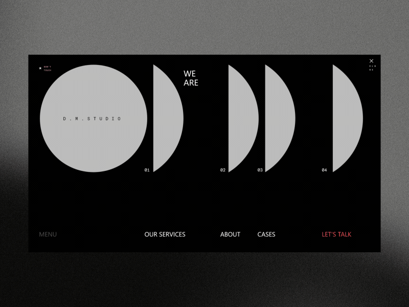 D. M. Studio Opening Menu Animation Brutalism Version anim animation brutal brutalism cases concept design gif grid illustration interaction interface menu motion promo typography ui ux web website