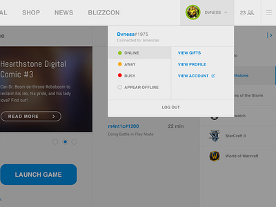 Battlenet App - Light Concept Dropdown app apple battlenet blizzard clean daily ui desktop dropdown game app game launcher menu nav navigation ui uichallenge user video game