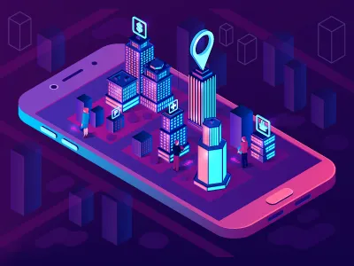 Smart city app isometric illustration app building city design futurism illustration isometria isometric light map mobile neon phone purple smart city smartphone ui vector view violet