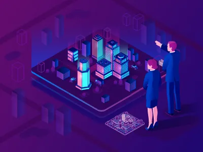 Smart city isometric illustration app building city design futurism illustration isometria isometric light map neon purple smart city ui vector view violet