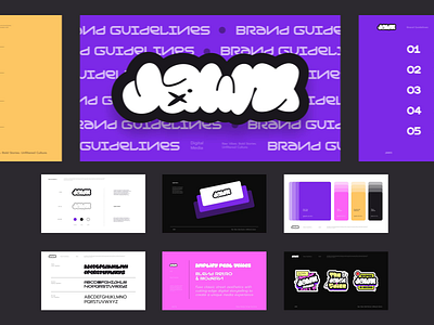 Jawx Media - Podcast and entertainment | Brand Guidelines animation bento grid book brand brand guidelines branding branding guideline design entertainment graphic design illustration logo media pink podcast purple retro storytelling street style visual identity