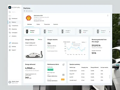 EV Charging with Smart Station Management : Station Details charger status chargersession chargingstation cleanenergy dashboarddesign datavisualization evcharging evdashboard evmanagement evmonitoring evsaas evstation evstations productdesign saasdesign shell smartcharging stations techforgood uxforsaas