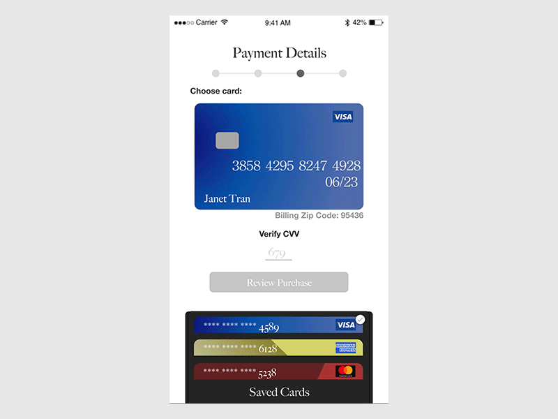 Saved Cards Transaction V2 animation ecommerce ui ux