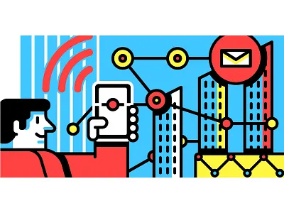 Smart Buildings building flat geometric happy helbetico hero image lines vector