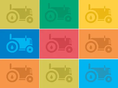 Tractor logo blue branding cutting engine farmer form green leaf leaves logo machine process red simple tractor yellow