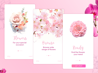 Flower Shop Onboarding Screen cards design flower shop flowers landingpage mobileapp onboarding onboarding ui pink ui